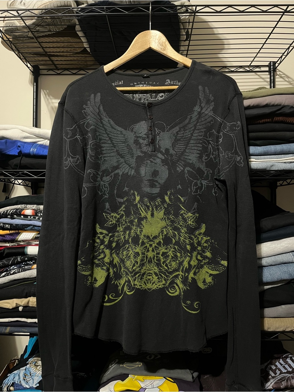 Buffalo David Bitton Black Long-Sleeve Graphic Henley with Olive Green Print